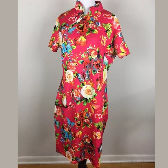 Dresses & Skirts - Chinese Mandarin Collar Dress Floral Pink XL